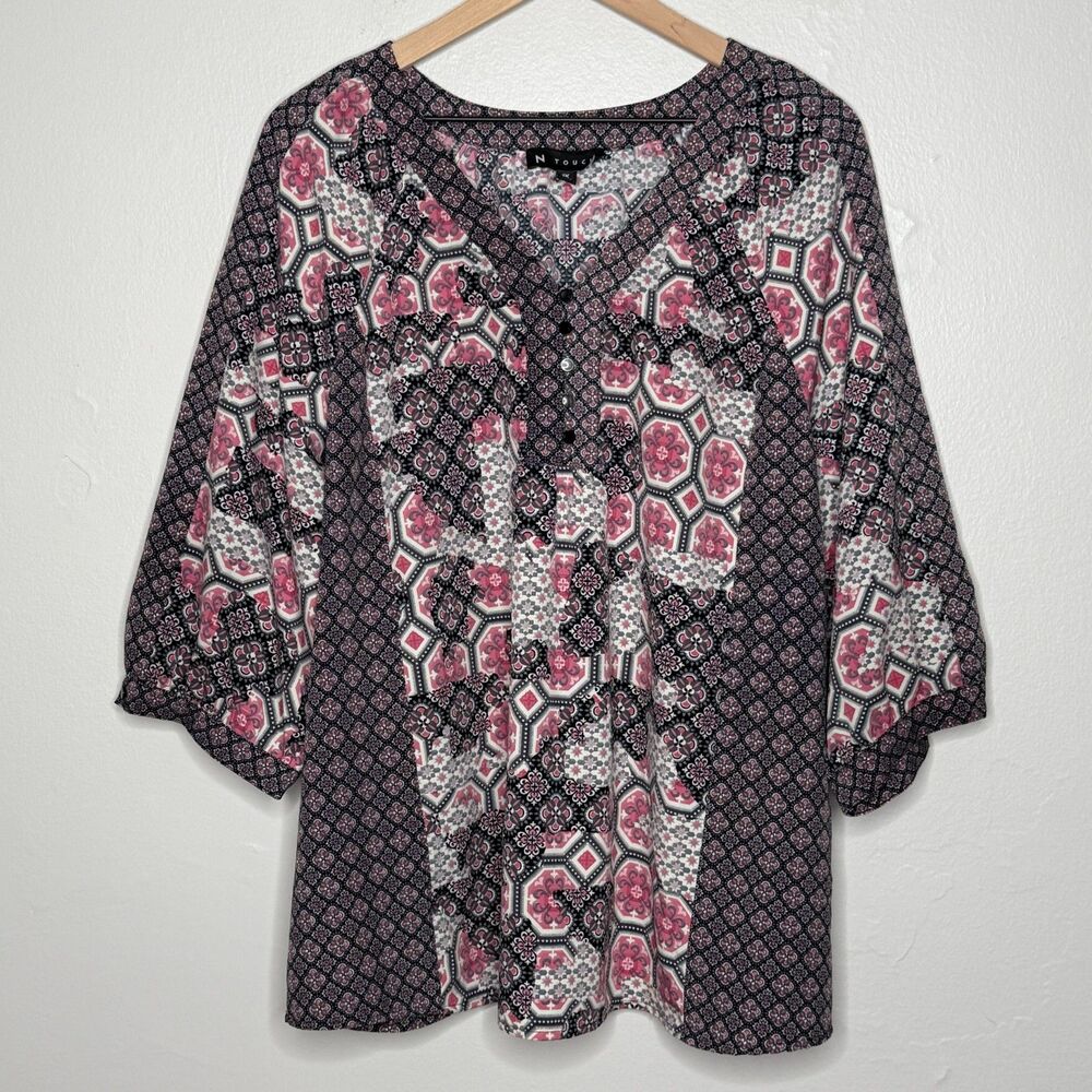N Touch Womens Peasant‎ Blouse 1X Pink Black Floral Geometric Print Spring